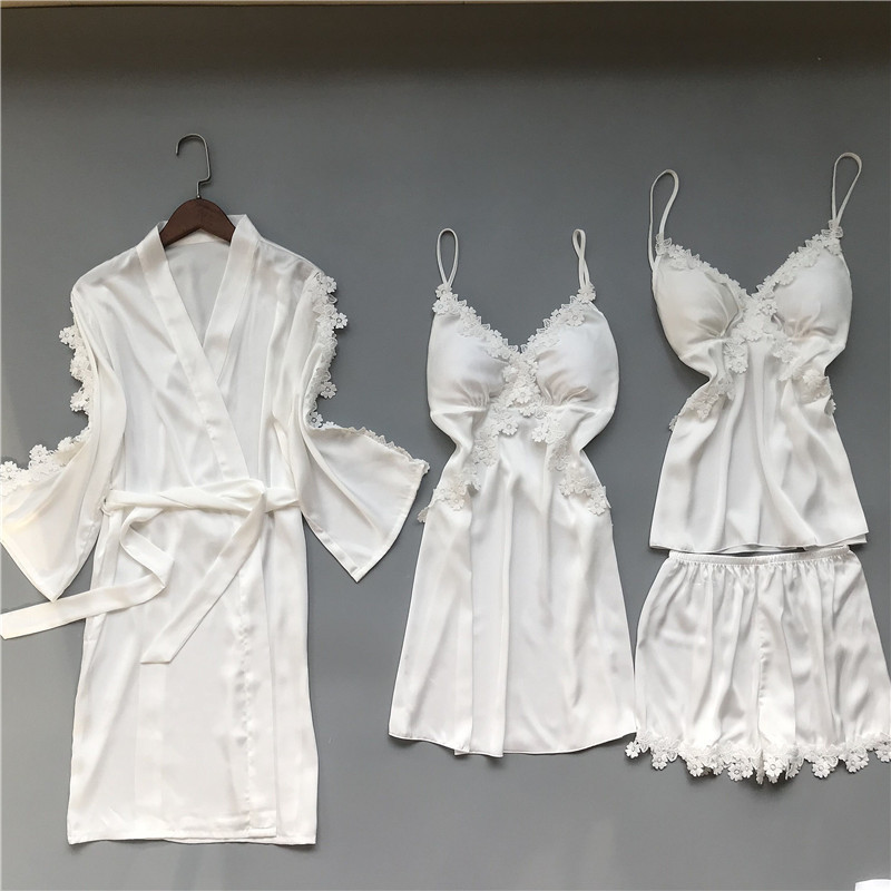 

2021 Spring Fall Sets Silk of Women Pajamas 4-piece Spaghetti Sash Satin Pyjamas Pillows on the Chest O5t5, Front v