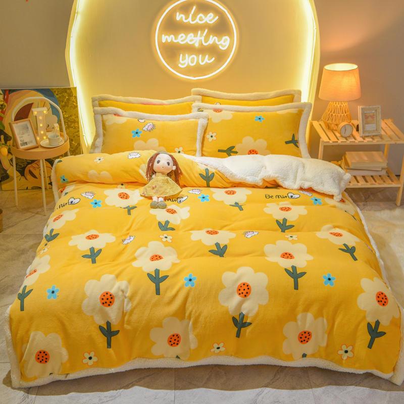 

Iva Show Yellow Milk Down Bedding Set Reactive Printing Bed Set Cashmere Pillowcase Queen King Size Bed Four-pieces, Colour 4