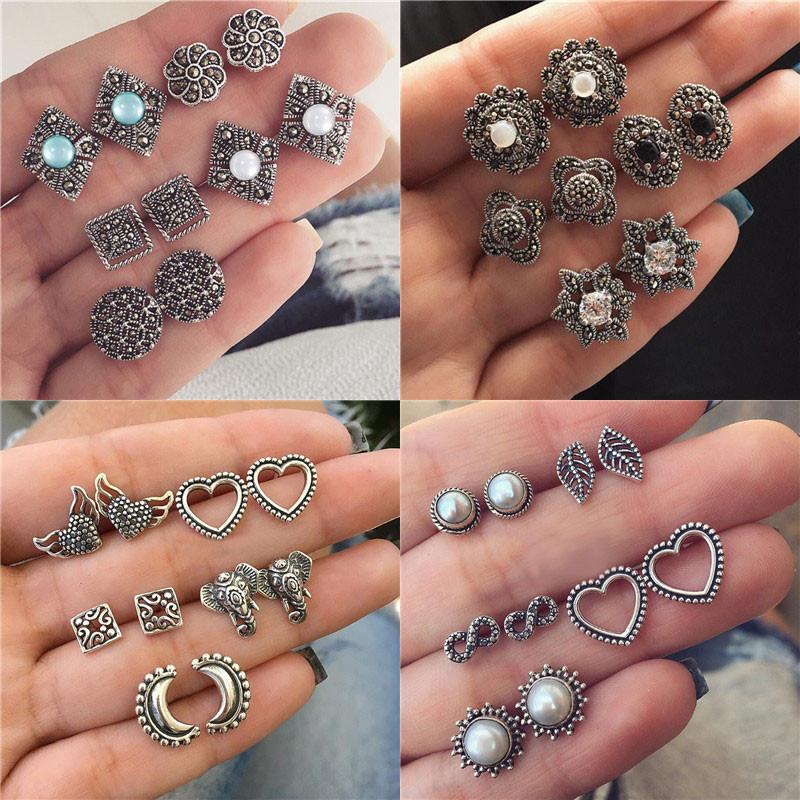 

Stud Modyle Silver Color Vintage Simulated Pearl Heart Flower Earrings Set For Woman Bohemia Opal Jewelry