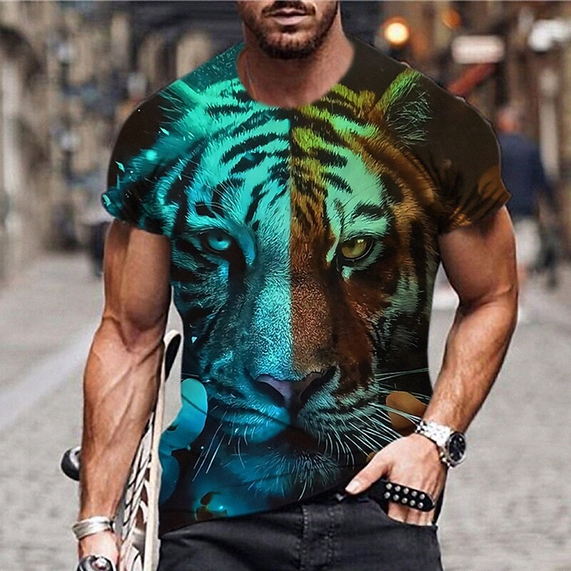 Men's Unisex T shirt 3D Print Graphic Prints Tiger Crew Neck Daily Holiday Print Short Sleeve Tops Casual Designer Big and Tall Blue q694#