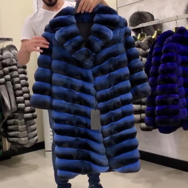 

Women Long Coat Natural Rex Fur Jacket Winter Warm Fashion Chinchilla Color Outwear Customize