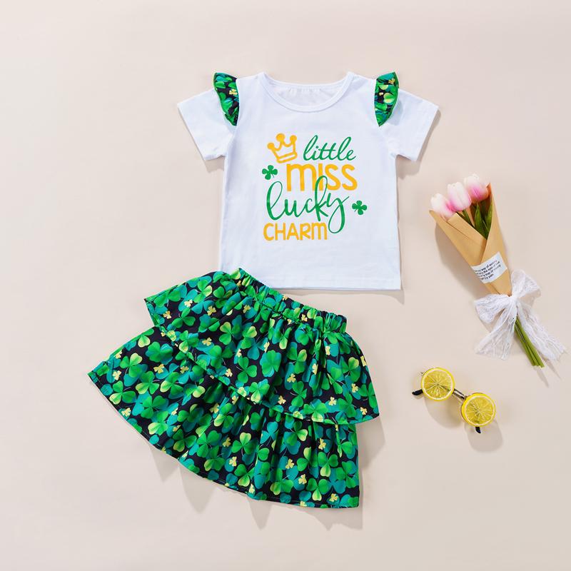 

Clothing Sets Toddlers Girls Two-Piece Outfits Letter Print Short Sleeve Ruffles T-Shirt Elastic Waist Clover Layered Skirt, White