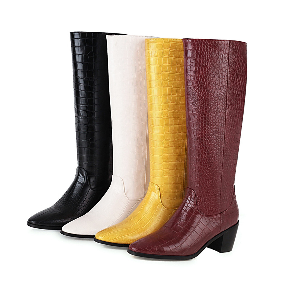 

2020 designer women's fashion standard stone knee square high heels long spring woman's autumn boots, Red