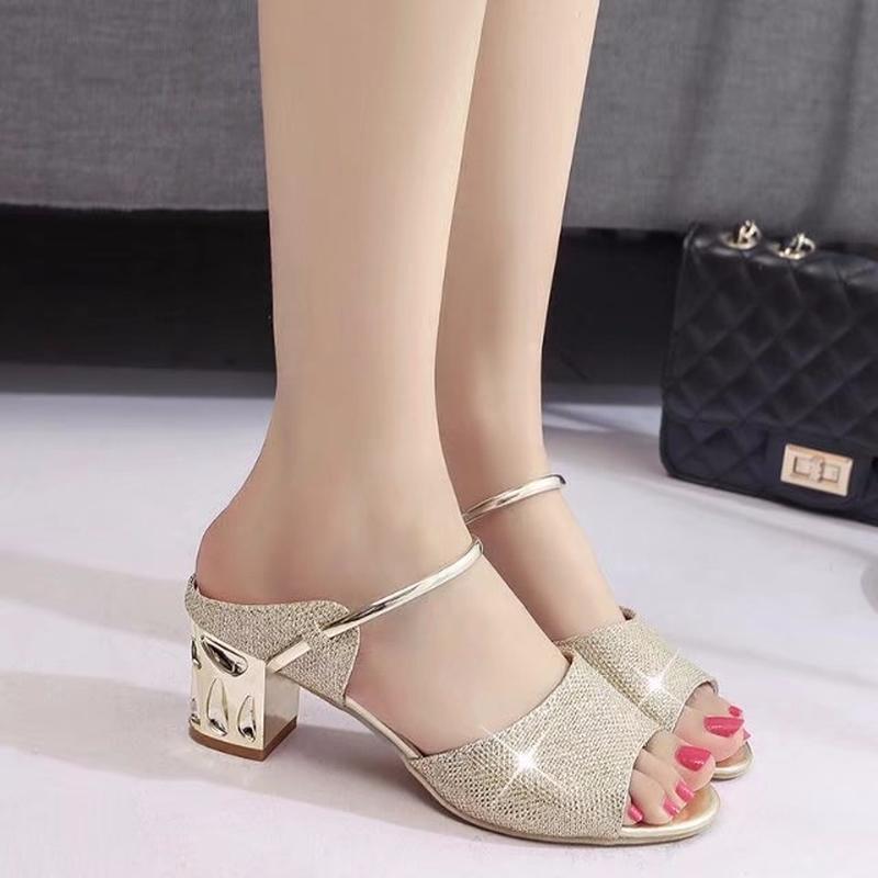 

2021 Women's Slippers Sandalias Mujer 2021 Summer New Women's Sandals Fashion Fish Mouth with Women Sandals, Gold