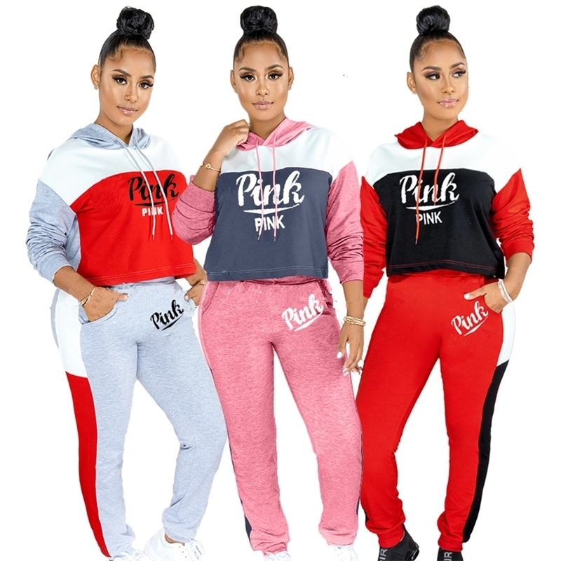 

2021 New Pink Sport Shredded Letter by Hoodies Women Jogger Active Suit Pants Wear Tracksuit Set of Two Fitness Outfit CPG7, Red