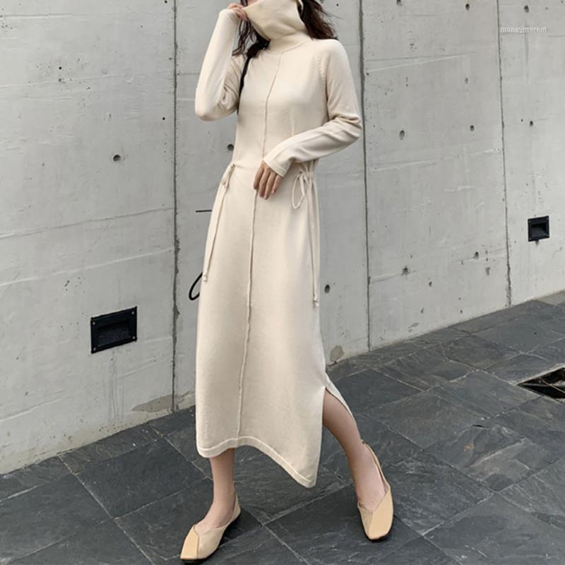

Women Turtleneck Knitted Dress Autumn Spring Long Sweater Dress Ladies Long Sleeve Pullover Maxi Dresses Solid Simple A-Line1, Black