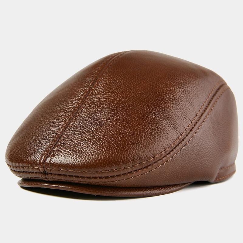 

H7594 Genuine Leather Beret Hat Men Middle-aged Cowhide Warm Forward Berets Cap Male Autumn Winter Protection Ear Anti-cold Caps1, Black