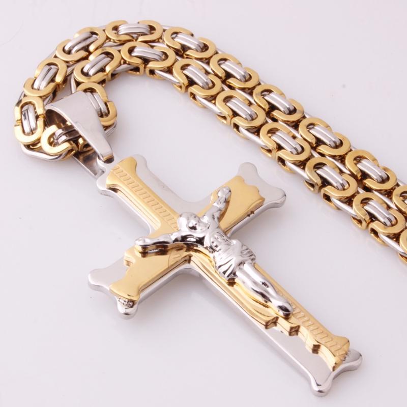 

Multilayer Cross Jesus Pendant Necklace for Charm Mens Boys Stainless Steel Chain Byzantine Link Wholesale Jewelry