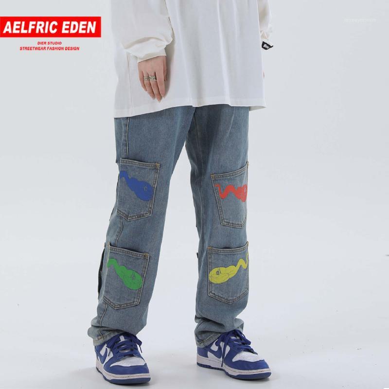 

Color Tadpole Print Streetwear Casual Denim Pants 2020 Harajuku Hip Hop Baggy Pants Autumn Loose Joggers Trousers1, Black