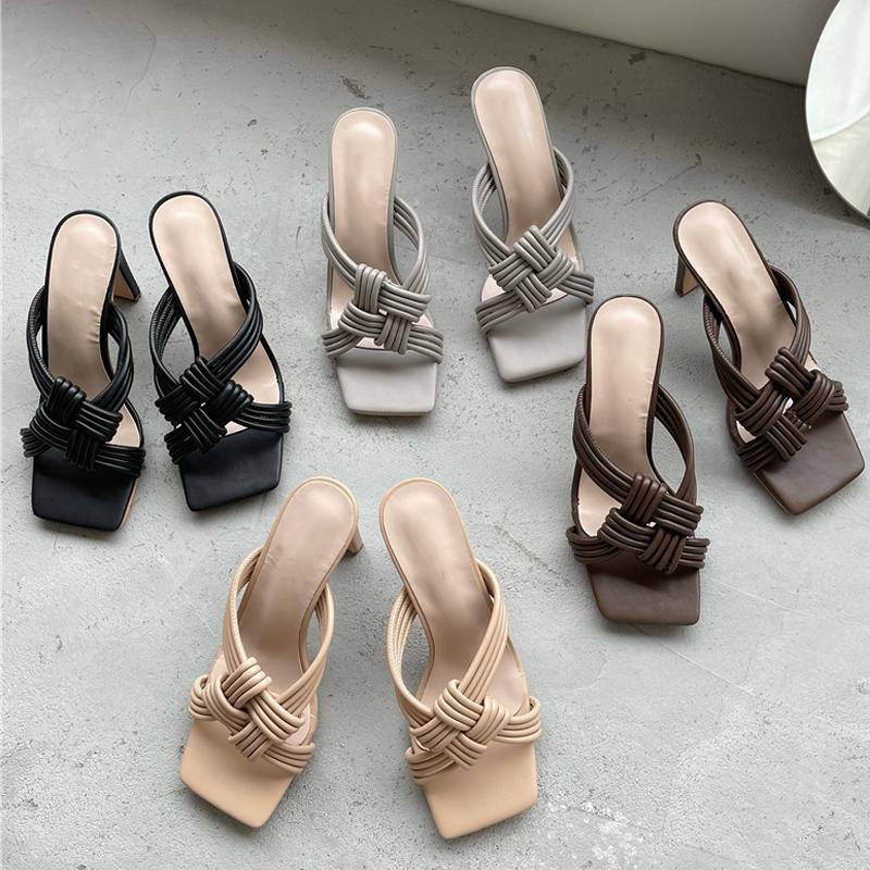 

2021 Women Slippers Fashion Thin High Heels Slides Shoes Woman Casual Square Toe Female Flip Flops Summer Sandals Slippers Shoes, Brown