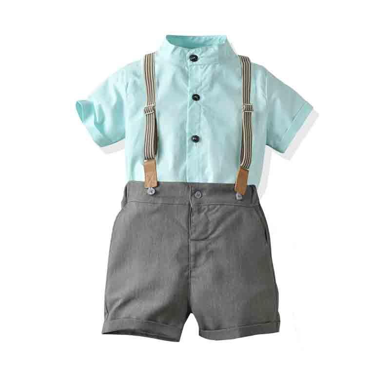 

Summer Infant Gentleman Casual Clothes Short Sleeve Shirts Tops+Suspender Pants Outfits Cotton Toddler Boy Clothing Sets, 20c332 sky blue