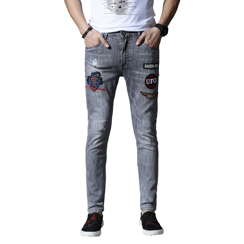 

2021 New Thin Denim of Patched Jeans for Men Embroidered Elastic Hip Pants Will Summer Light Gray Spring 1X9T, Games