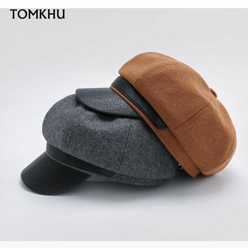 

2020 New Women Wool Splicing PU Leather Hat for Female Newsboy Caps Octagonal Hat Fashion Cap Autumn Winter Warm Visors1, Black