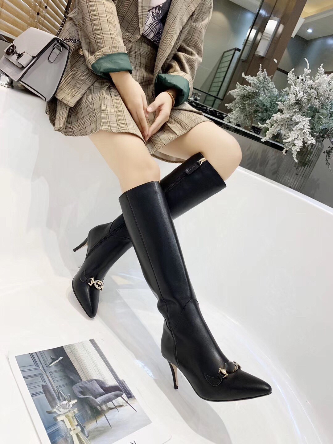 

Hot Sale- buckle high heel knee boots Genuine leather women zip Thigh-high Boots Femininas Sexy Stovepipe boots, Black