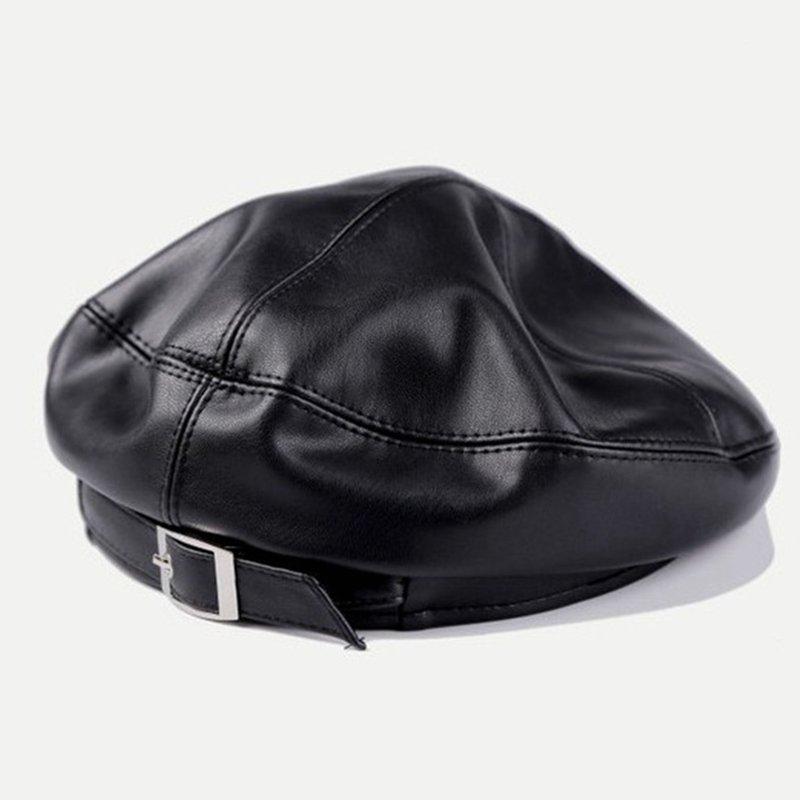 

PU Leather Berets Female Fashion Adjustable British Style Solid Color Leisure Temperament Street Autumn Winter Octagonal Cap, Black