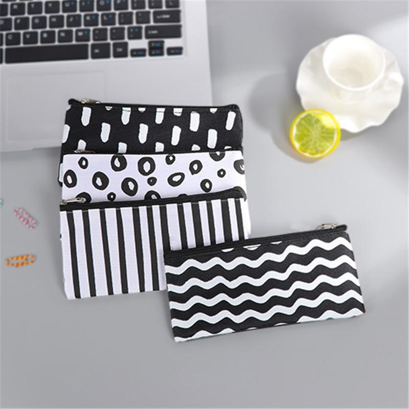 

Fashion Simple Style Stripes Canvas Storage Bag Cosmetic Pouch Pen Bag Black White Office Stationery Storage Supplies