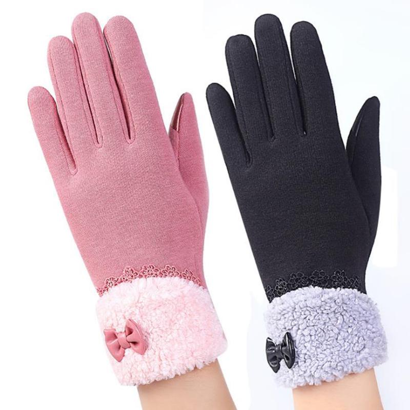 

Laamei Fashion Bow Tie Womens Touch Screen Gloves Winter Ladies Lace Warm Cashmere Bow Full Finger Mittens Wrist Guantes Gift