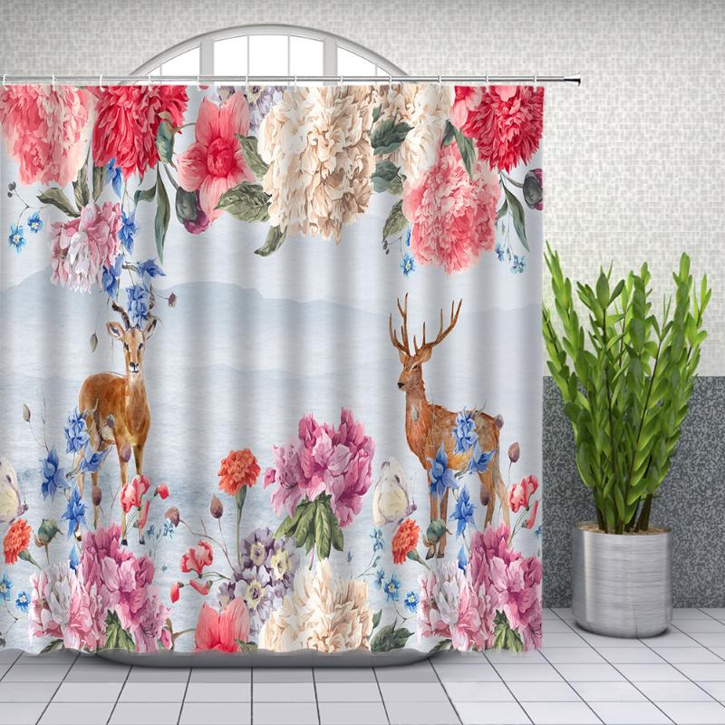 

Flowers Shower Curtains Hand Painted Plants Animal Deer Red Pink Butterfly Flower Green Leaf Bathroom Decor Waterproof Curtain