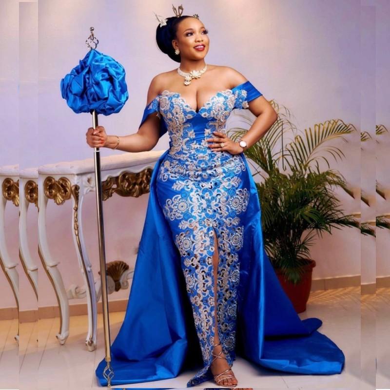 

Aso Ebi Mermaid Evening Dresses Blue Off Shoulder Overskirt Prom Dress Plus Size Women Formal Gowns Front Split robe de soiree de mariage, Sage