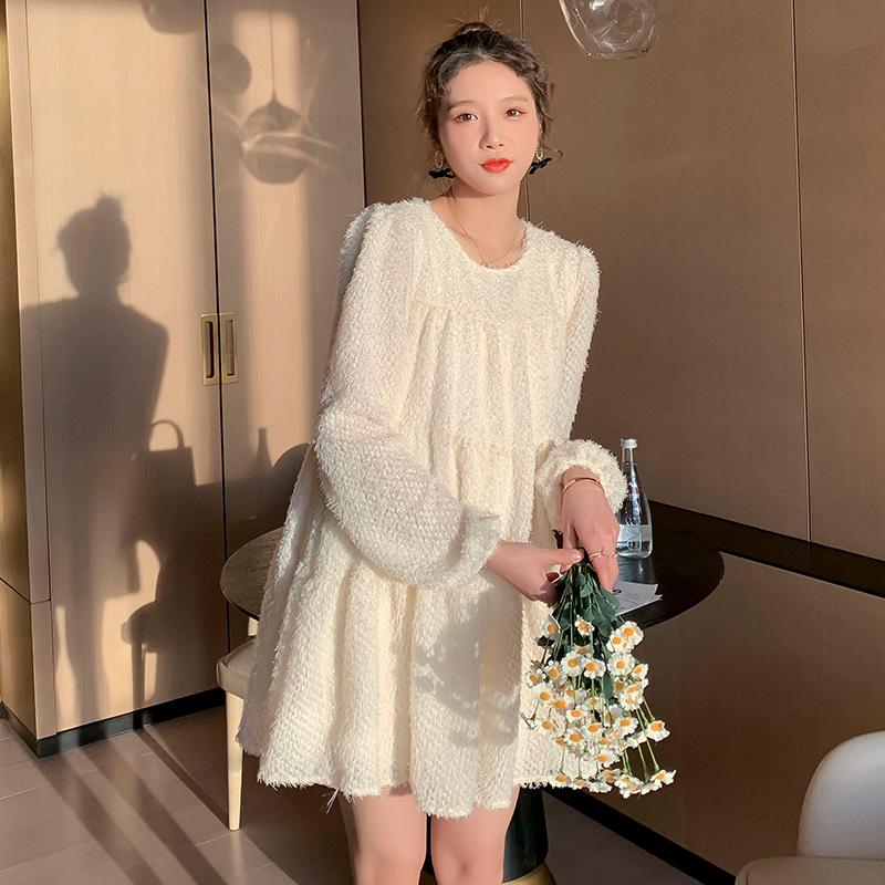 

2021 spring maternity fairy round neck long sleeve dress plus size pregnant woman beige dress long loose pregnancy shirts blouse, Apricot