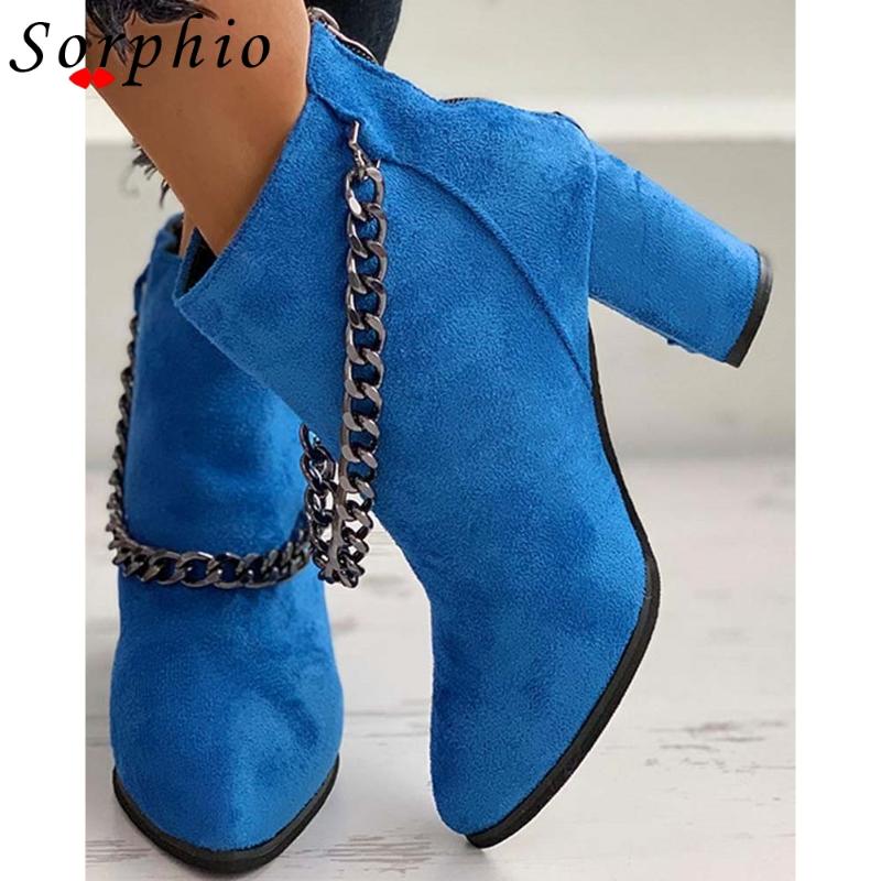 

Sorphio Ins Hot Sale Ladies Chain Fashion Elegant High Quality Women Shoes Solid Zipper Pointed Toe Ankle Boots Women Boots, Blue