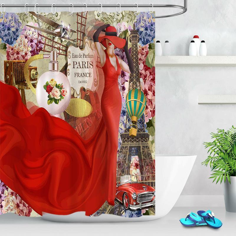 

Paris Sexy Red Dress Girl Polyester Fabric Shower Curtain Set Bathroom Hooks1