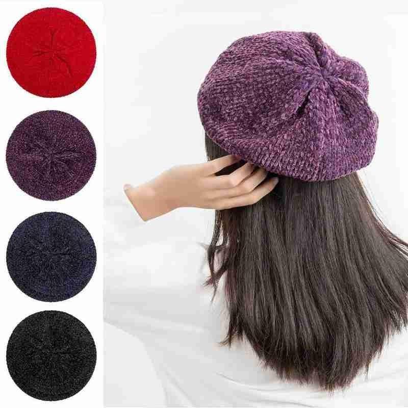 

Women Girl Solid Color Knitted Beret Hat Female Bonnet Warm Walking Cap Vintage Plain Beret French Classic