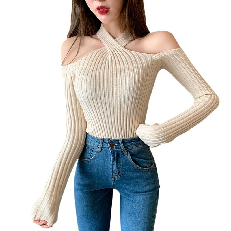 

Women's Sexy One-Line Neck Open-Shoulder Sweater Cross Strap Pullover Sweater Ladies Autumn/Winter Knitwear Size, Black