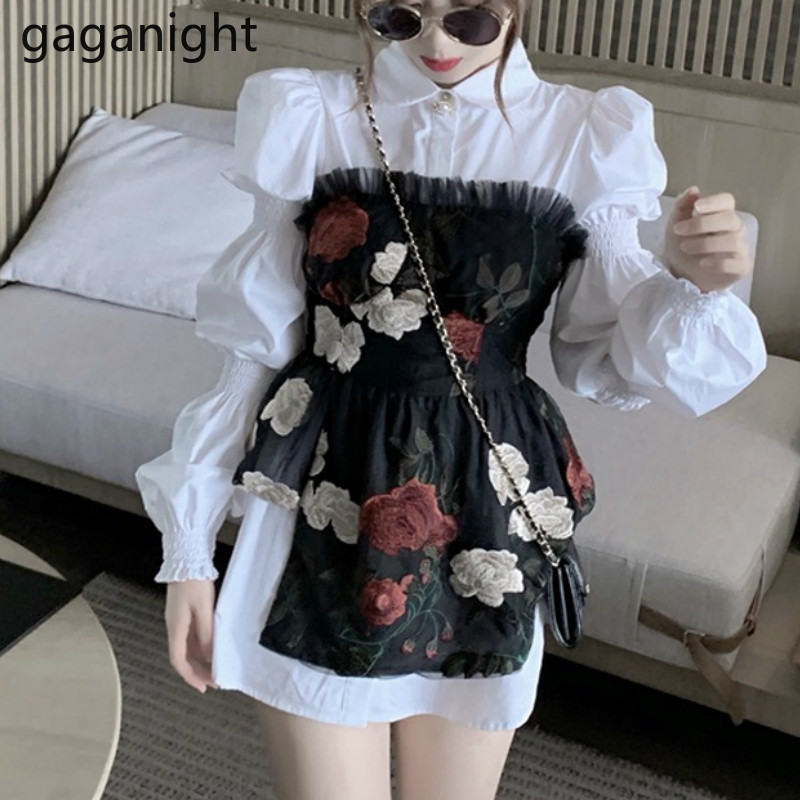 

Gaganight Fashion Women Two Pieces Set White Long Sleeve Shirt Vintage Embroidery Flower Tube Suit 2Pieces Set Dropshipping 201119, Black