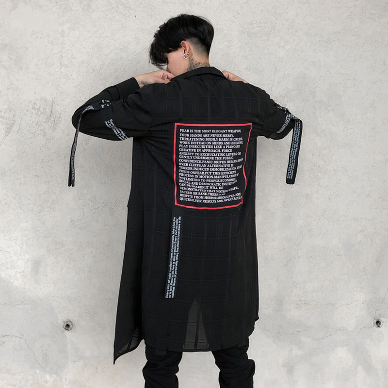 

2021 Summer Casual Night Club Men's Long Printed Hip Hop Ribbons Dress Male Shirts Singer Stage Attire Zeue, Black