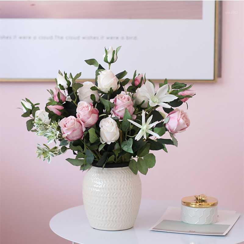 

2/Heads Artificial flowers real Silk Roses home decor rose Long branch home decoration accessories flower arrangement Crafts NEW1, Pink