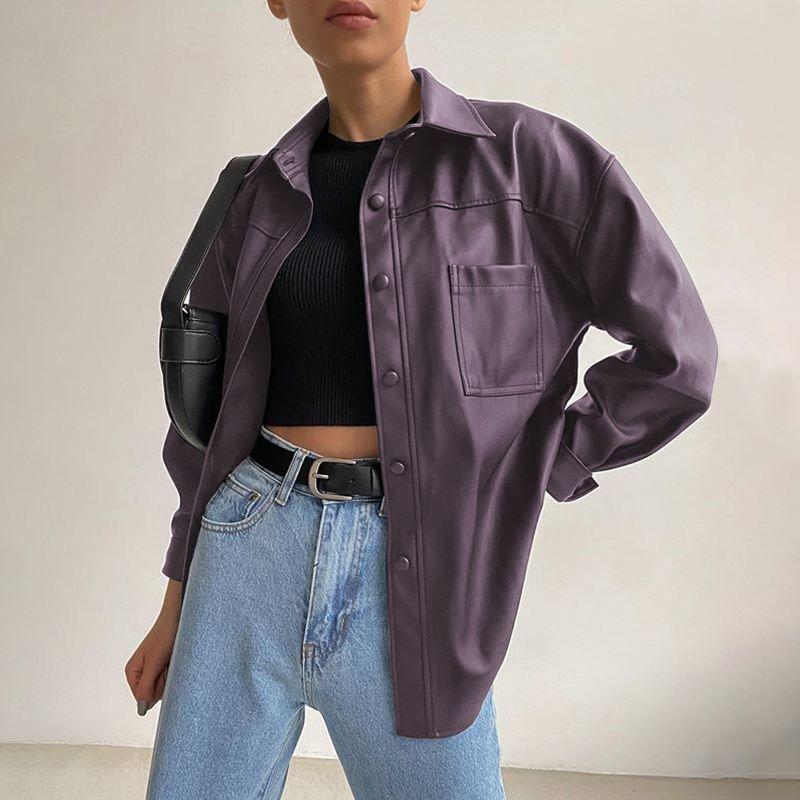 

Women' Jackets Fashion Lapel Button Casual Womens Spring Plus Size PU Leather Black Solid Women 2021 Long Sleeve Coats