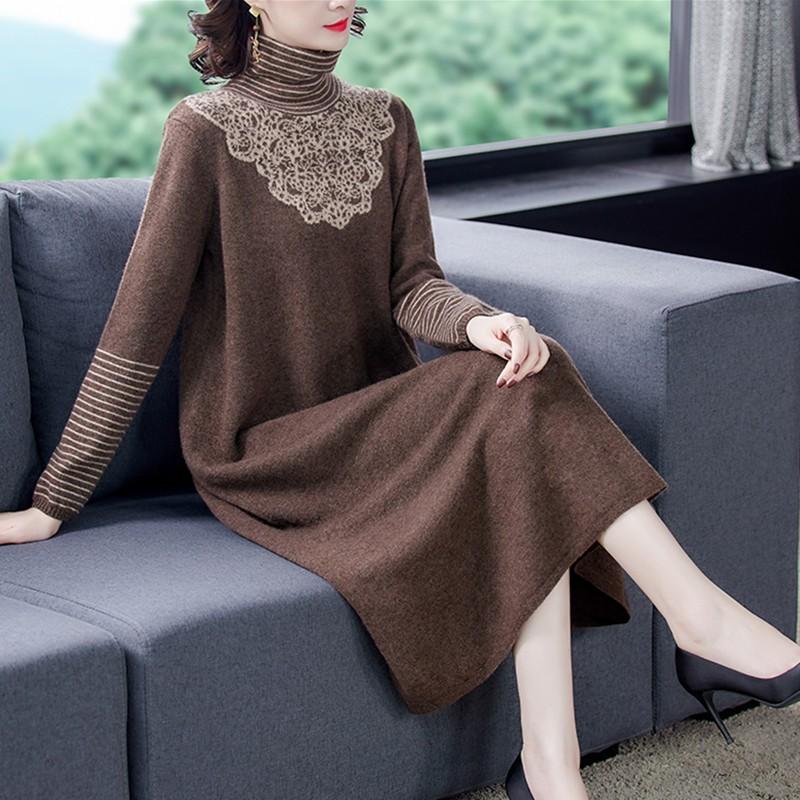 

New Winter Vintage Plus Size Knitting Turtleneck Wool Sweater Dresses Autumn Women Casual Loose Elegant Bodycon Long Sweaters, Brown