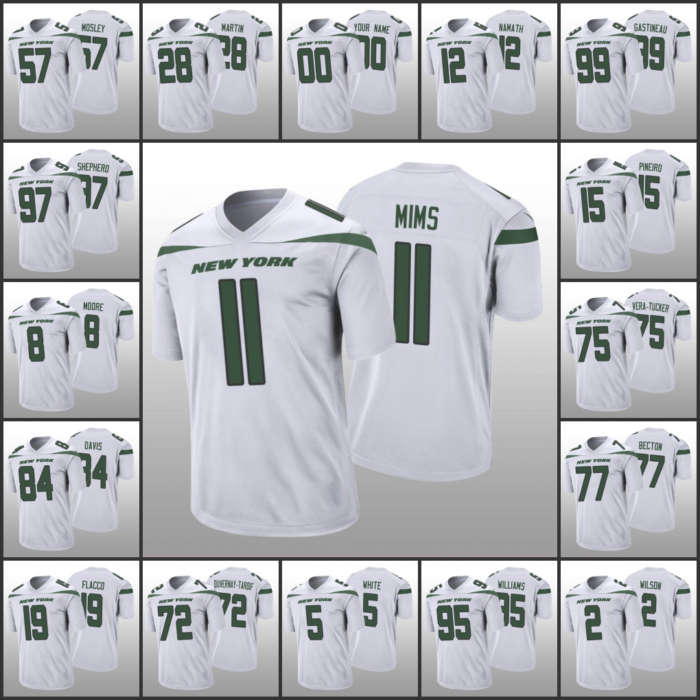

New York''Jets''Men #77 Mekhi Becton 11 Denzel Mims 8 Elijah Moore 2 Zach Wilson 5 Mike White Women Youth Custom White Game Jersey, Black;red