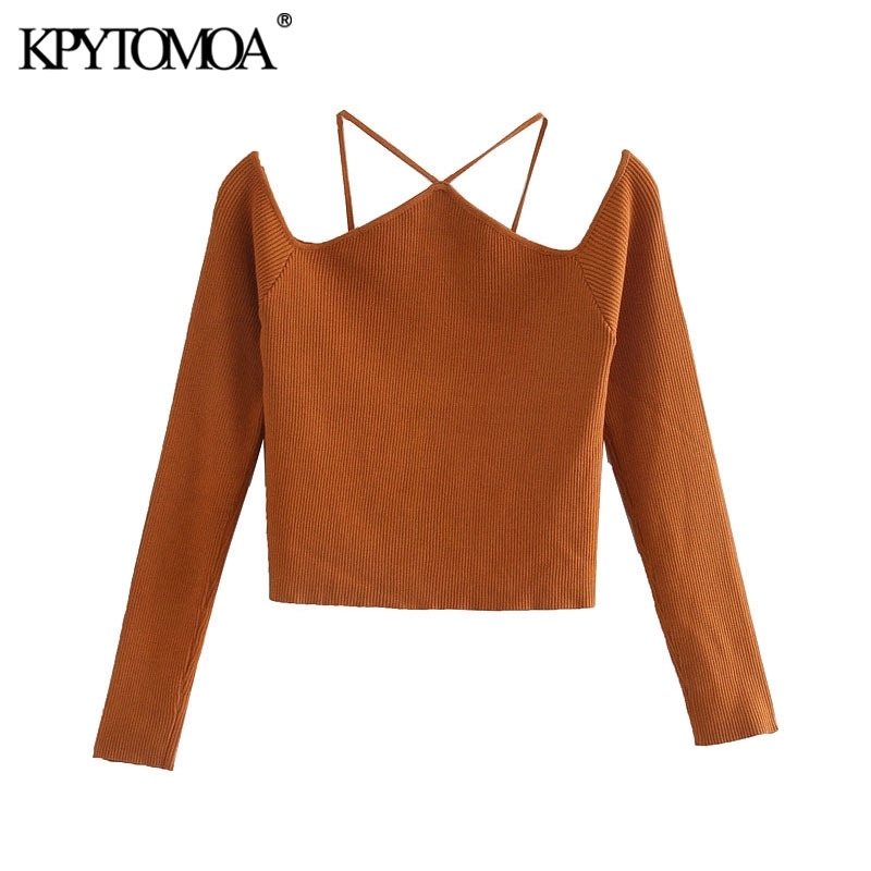 

KPYTOMOA Women Fashion With Straps Cut-out Knitted Sweater Vintage Off The Shoulder Long Sleeve Female Pullovers Chic Tops 201111, As picture