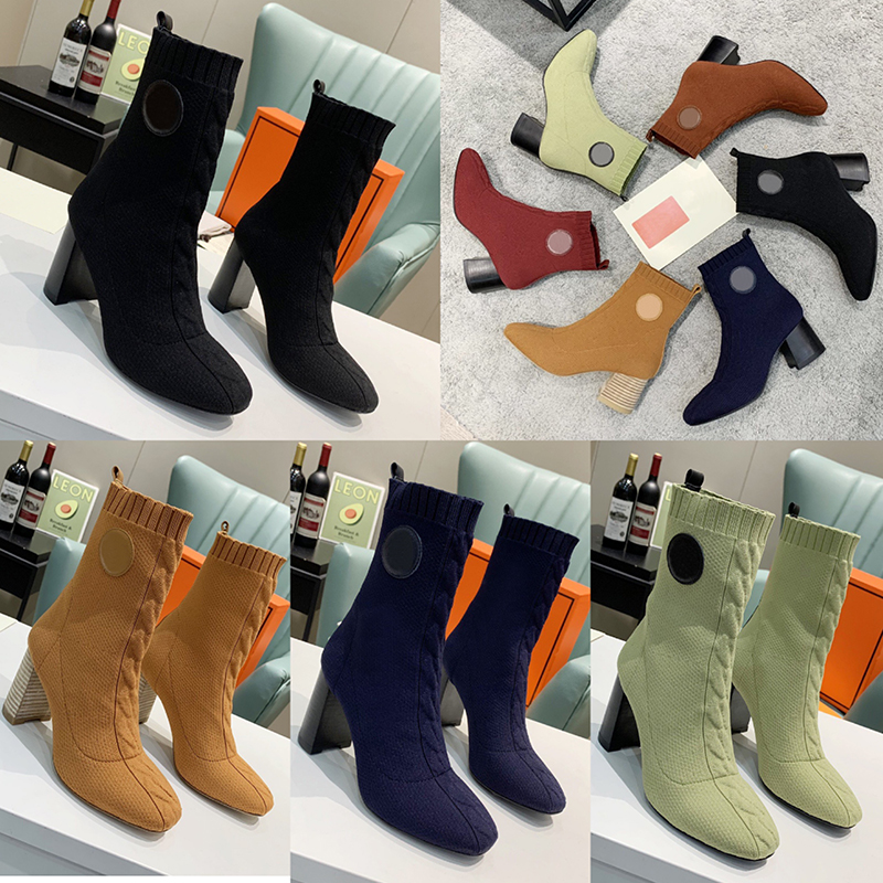 

Hot Sale-Australia Womens Winter Knitted Ankle Boots With Stirrup-Shaped Heel Beatshoes Cowboy Motocycle Martin Booties Slip-On High Bottes, Box