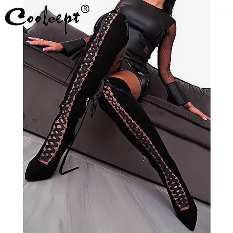 

Coolcept Women Thigh High Boots Sexy Cross Strap Winter Autumn Shoes Women Pointed Toe High Heels Over Knee Boots Size 35-401, Black