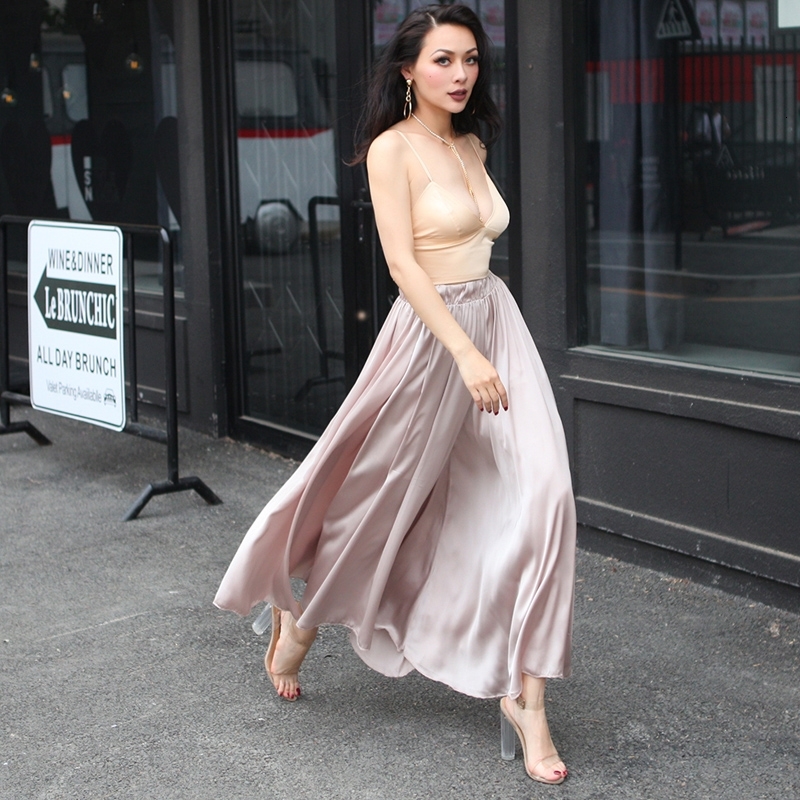 

2021 New Summer Silk Cetin False Wide Legs Elegant Women Kind of High Elastic Belt Color Pure Heavy Pants  SCO2, Black