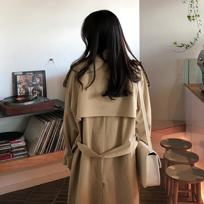 

Fashion-Women's Trench Coats FTLZZ Autumn Winter Women Turn-down Collar Double Breasted Long Vintage Korean Style Loose Jacket With Belt, Khaki