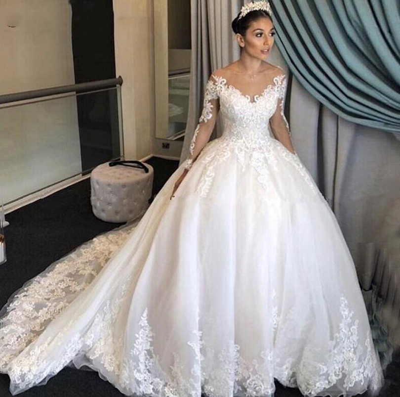 

Custom Long Sleeves Lace Ball Gown Wedding Dresses 2021 with Appliques Scoop Neck Court Train Tulle Plus Size Bridal Gowns vestidos de novia, White