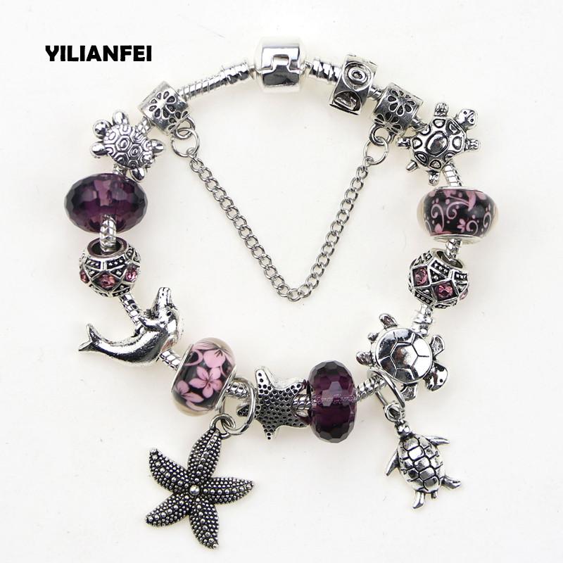 

YILIANFEI Star Ocean Starfish Pendant Fashion Cute Charm Bracelets & Bangles with Violet Chamilia Beads For Women BT0137
