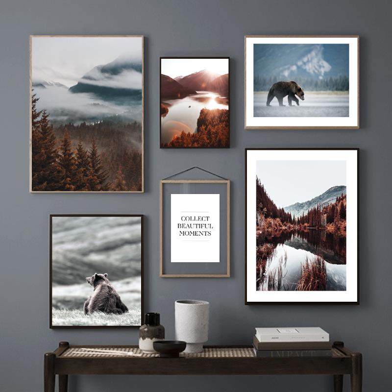 

Bear Animal Wall Poster Autumn Lake Forest Nordic Nature Scenery Print Scandinavian Canvas Painting Art Home Decoration Pictures