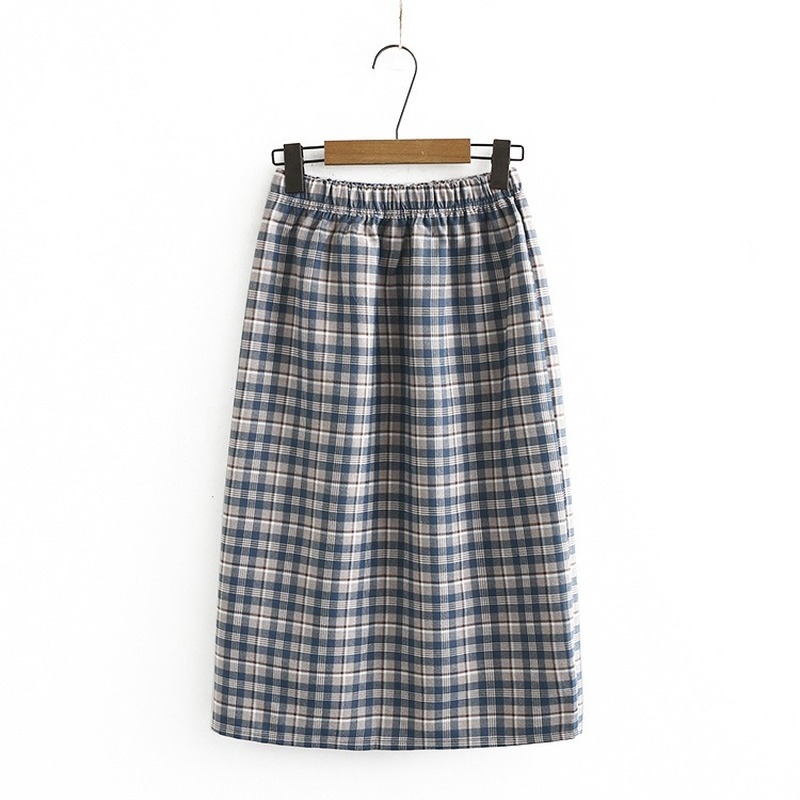 

Waistline Women's Elastic Plaid Big Casual Size the Line Vintage Winter Long Skirts 9t6o, Blue