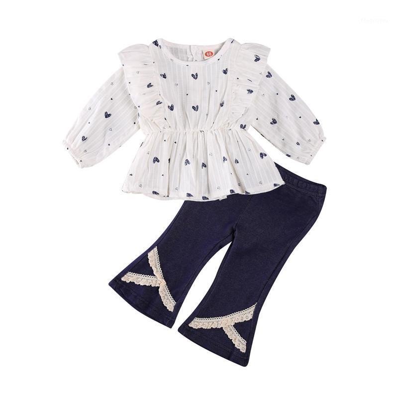 

Girl's Two Piece Set, Baby's Sleeve Stripes Heart Printing Top Children's Jacquard Stretch Flared Pants1, As pic