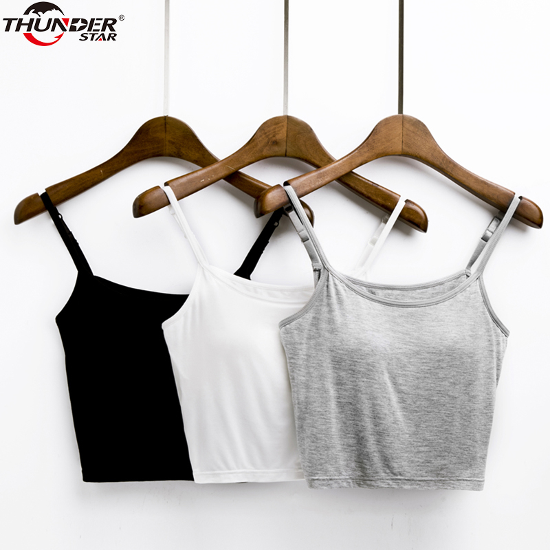 

Summer Bralette Modal Bulit-in Spaghetti Strap Crop Cami Women Padded Bra Short Top Vest Cropped Feminino Y200701, Black