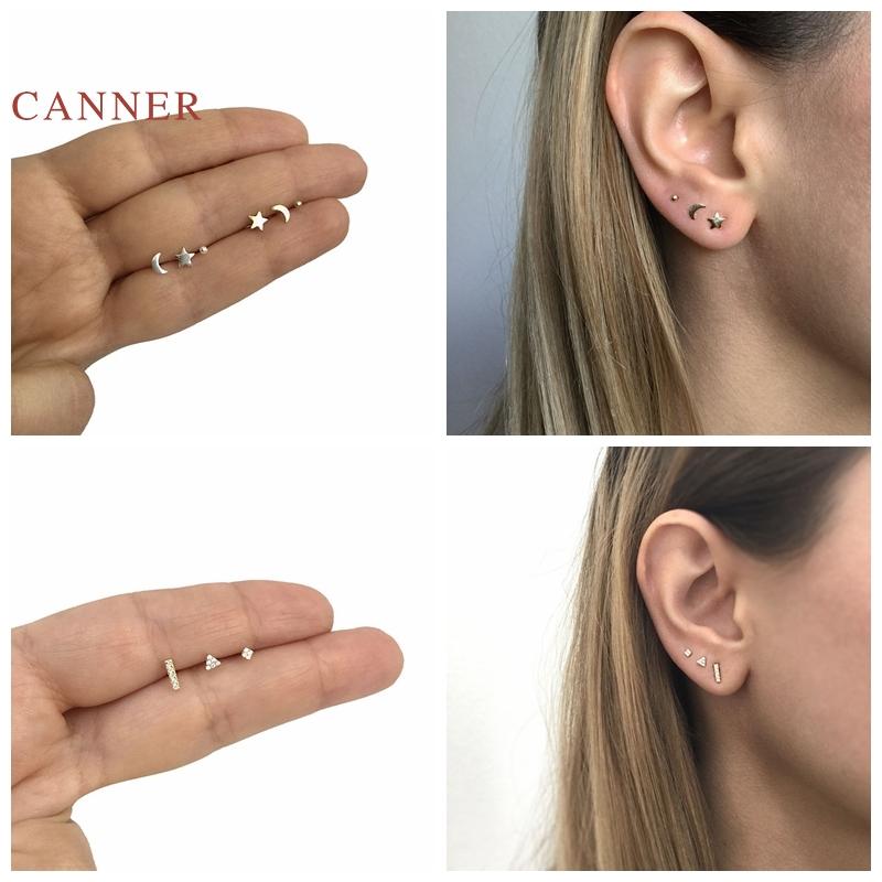 

CANNER Earrings For Women 925 Sterling Silver Pendientes 1 Set Of 3Pc Mini Star Moon Ball Mini Piercing Stud Earrings Jewelry