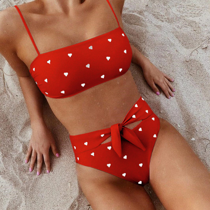 

Heart Print High Waist Swimsuit 2020 New Push Up Bikini Sets Sexy Bandage Swimwear Women Bathing Suit Summer Beachwear 5 Color Y1121, White;black