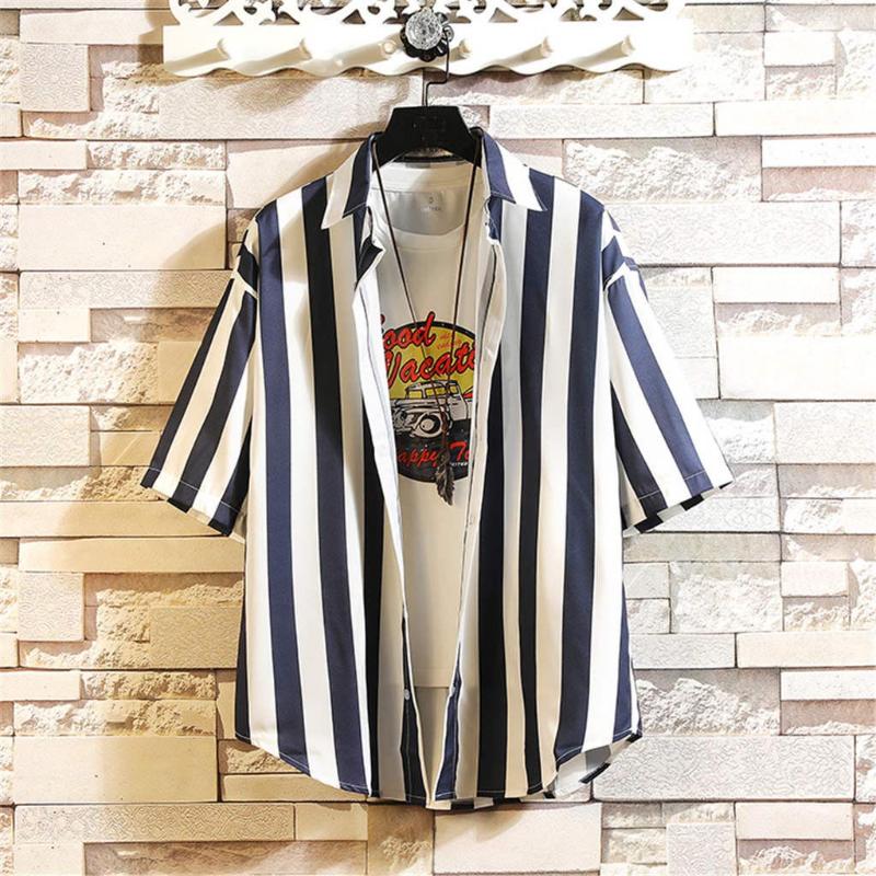 

Camisa Masculina Men's Summer Loose Casual Daily Striped Short Sleeve Shirt Casual Blouse, Black