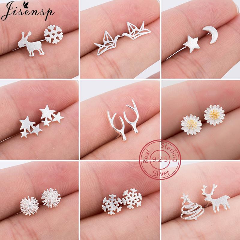 

Real 925 Sterling Silver Earrings for Women Minimalist Star Deer Snowflake Stud Earrings Children Christmas Gift allergy free