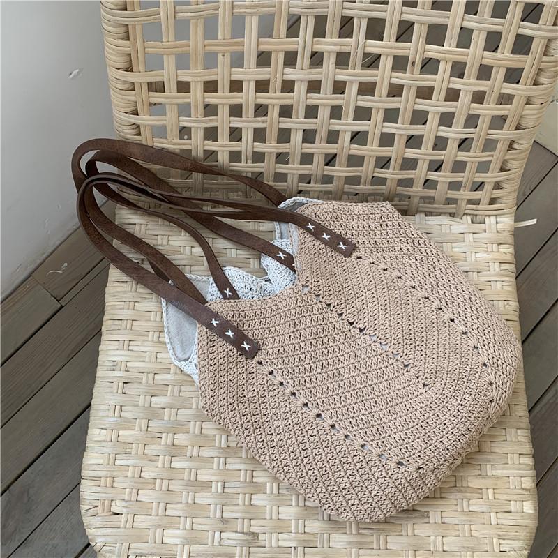 

Casual Straw Handmade Women Shoulder Bags Wicker Woven Women Handbags Large Capacity Summer Beach Rattan Women's Bag Female Tote, Brown